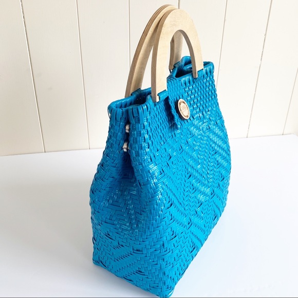 NWT Maria Victoria Elva Turquoise Blue Woven PVC Handbag Tote Mexico - Picture 5 of 15